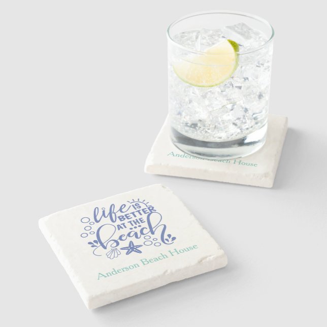 Personalised Life is Better at Beach Blue Green Stone Coaster (Side)