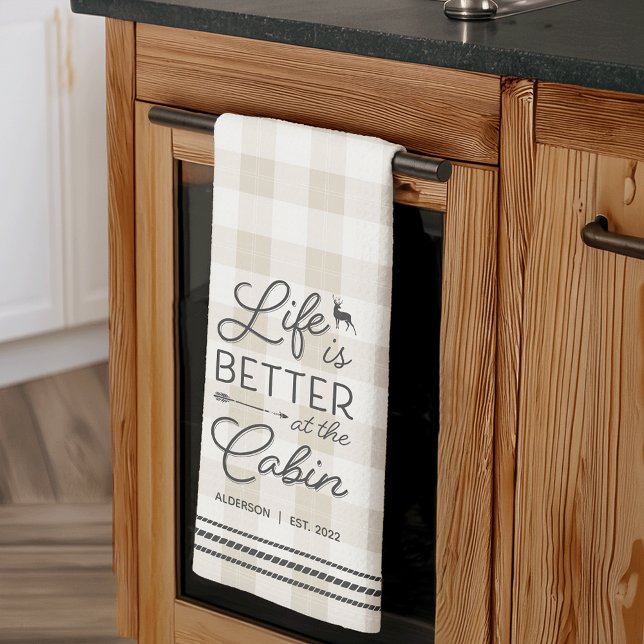 Personalised Life Is Better at the Cabin Plaid Tea Towel (Creator Uploaded)