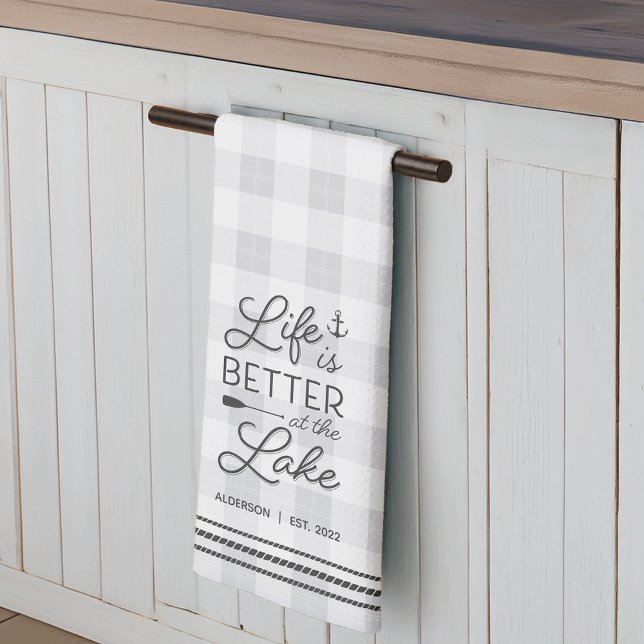 Personalised Life Is Better at the Lake Plaid Tea Towel (Creator Uploaded)