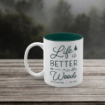 Personalised Life Is Better In The Woods Two-Tone Coffee Mug<br><div class="desc">Celebrate life at your woodsy abode with this cute personalised mug featuring the phrase "life is better in the woods" in hunter green lettering accented with a pine tree and an arrow. Customise with your family name and/or year established beneath.</div>