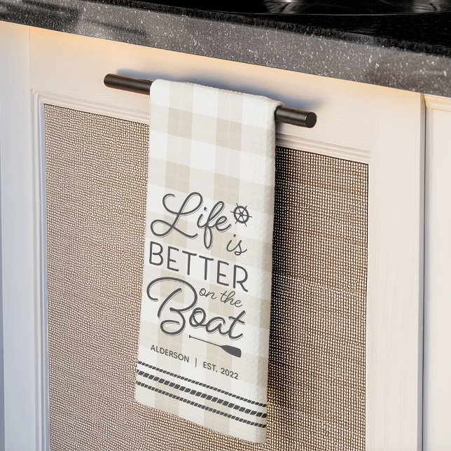 Personalised Life Is Better on the Boat Plaid Tea Towel (Creator Uploaded)