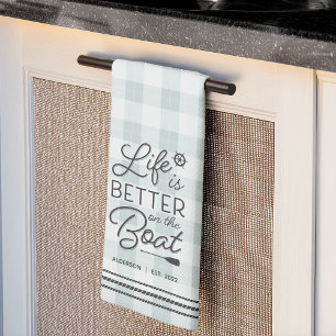Personalised Life Is Better on the Boat Plaid Tea Towel