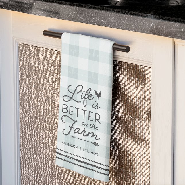 Personalised Life Is Better on the Farm Plaid Tea Towel (Creator Uploaded)