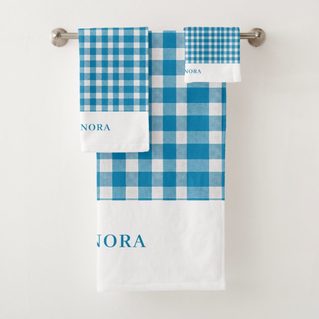 Personalised Light Blue Gingham Towel Set (Insitu)