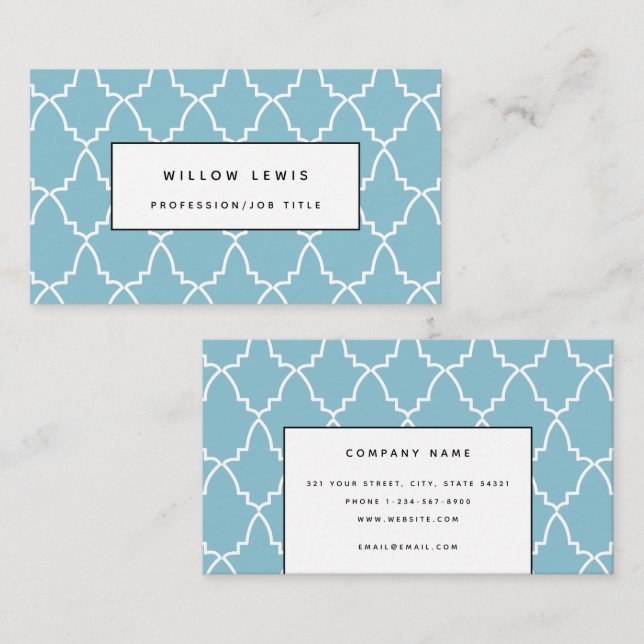 Personalised Light Blue Moroccan Lattice Modern Business Card (Front/Back)