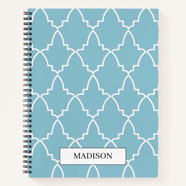 Personalised Light Blue Moroccan Lattice Pattern Notebook (Front)