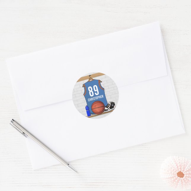 Personalised Light Blue Orange Basketball Jersey Classic Round Sticker (Envelope)