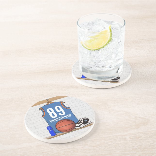 Personalised Light Blue Orange Basketball Jersey Coaster (Side)