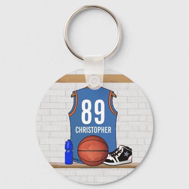 Personalised Light Blue Orange Basketball Jersey Key Ring (Front)