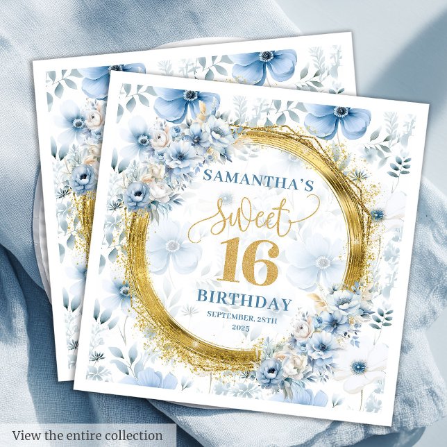 Personalised Light Blue Sweet Sixteen Gold Glitter Napkin (Personalized Light Blue Sweet Sixteen Gold Glitter Napkins)