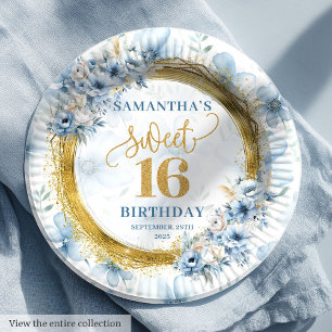 Personalised Light Blue Sweet Sixteen Gold Glitter Paper Plate