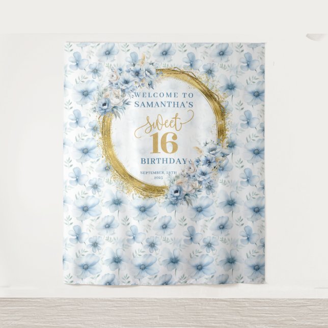 Personalised Light Blue Sweet Sixteen Gold Glitter Tapestry (Front)