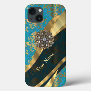 Personalised light blue vintage damask pattern iPhone 13 case