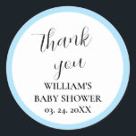 Personalised Light Blue & White Baby Shower  Classic Round Sticker<br><div class="desc">Personalised Light Blue & White Baby Shower Classic Round Sticker</div>