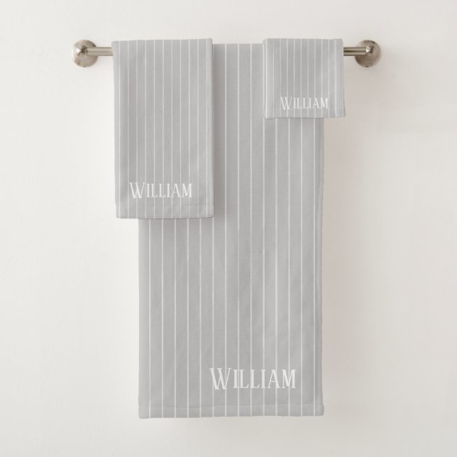 Personalised light grey pinstripes bath towel set (Insitu)