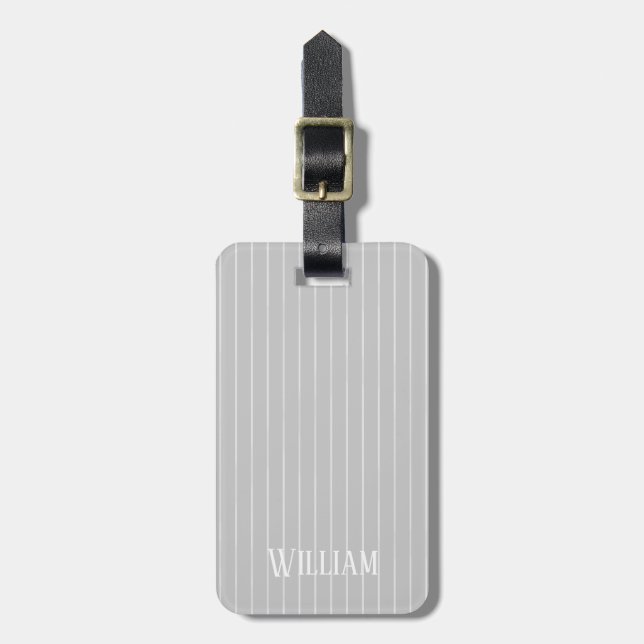 Personalised light grey pinstripes luggage tag (Front Vertical)