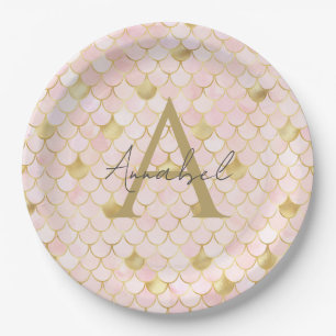 Personalised Light PInk and Gold Mermaid Scales Paper Plate