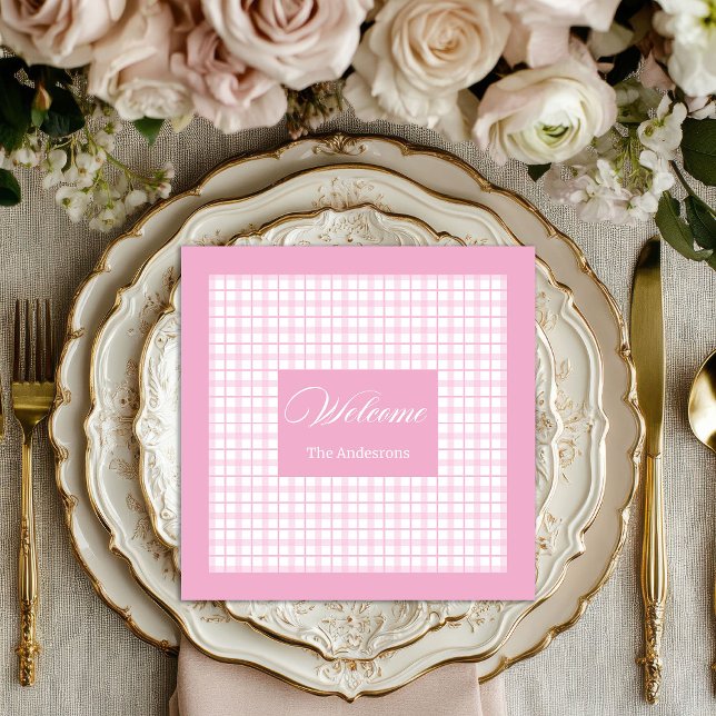 Personalised Light Pink Napkins Classic Plaid Set (Personalized Light Pink Napkins Classic Plaid Set)