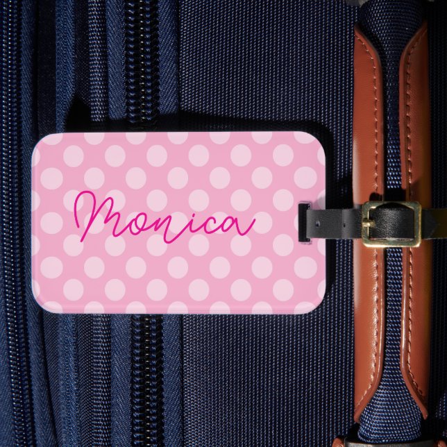 Personalised Light Pink Polka Dot Luggage Tag (Front Insitu 4)
