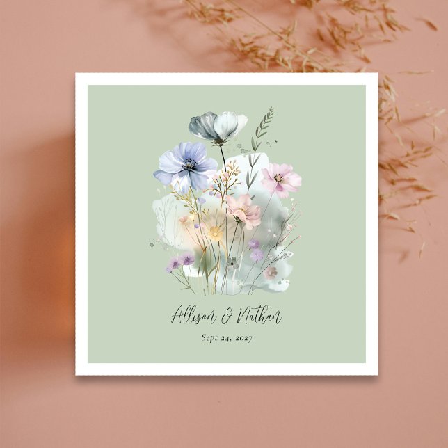 Personalised Light Sage Floral Wedding Napkin (Nature-Inspired Elegance! Light Sage Wedding Napkins)