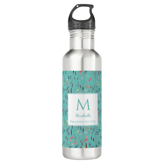 Personalised LIGHT TEAL Floral Monogram 710 Ml Water Bottle (Front)