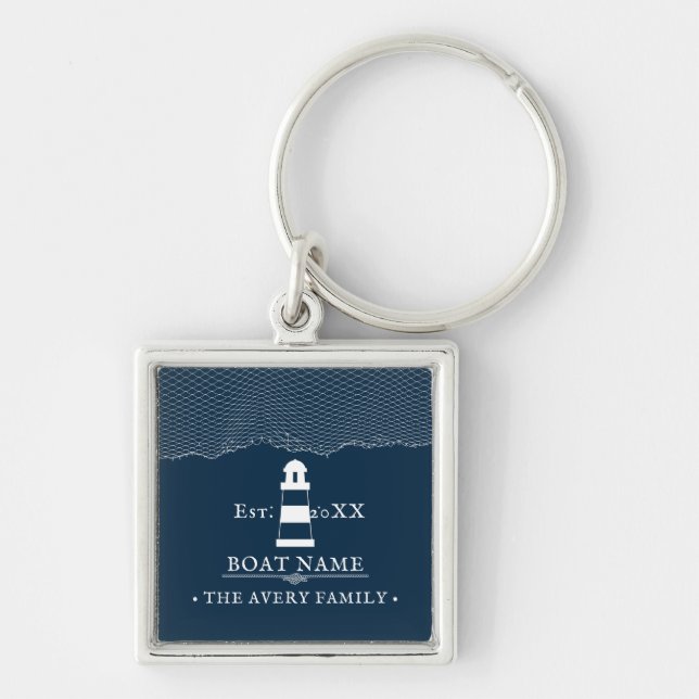Personalised lighthouse Boat Name Blue Key Ring (Front)