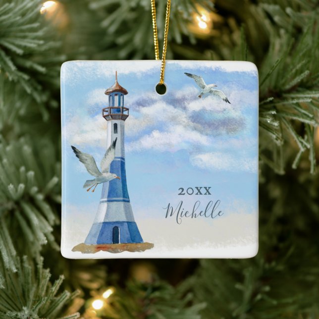 Personalised Lighthouse Nautical Beach Christmas Ceramic Ornament (Tree)
