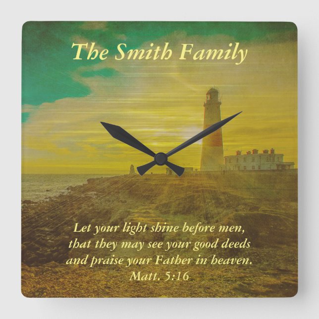 Personalised Lighthouse Sunset Bible Verse Clock (Front)