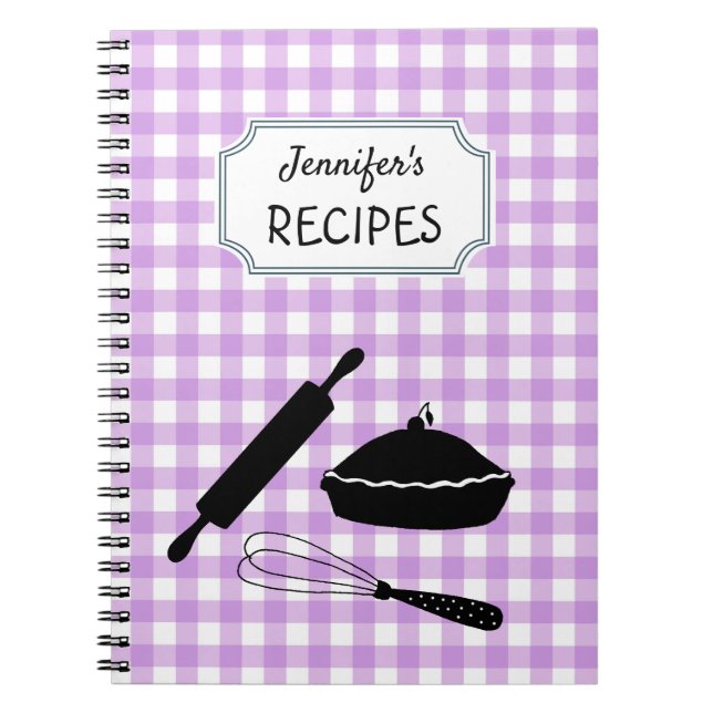 Personalised Lilac Gingham Plaid Pattern Recipe Notebook (Front)