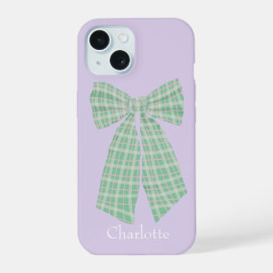 Personalised Lilac Gingham Romantic Coquette Bow iPhone 15 Case