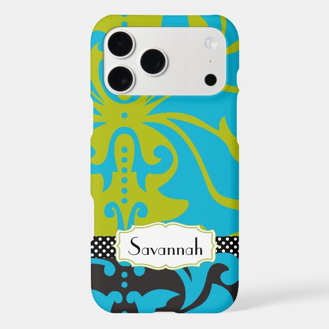Personalised Lime Aqua Gold Damask iPhone 4 Case (Back)