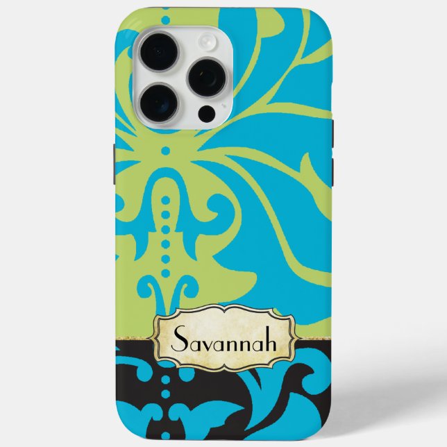 Personalised Lime Aqua Gold Damask iPhone 4 Case (Back)