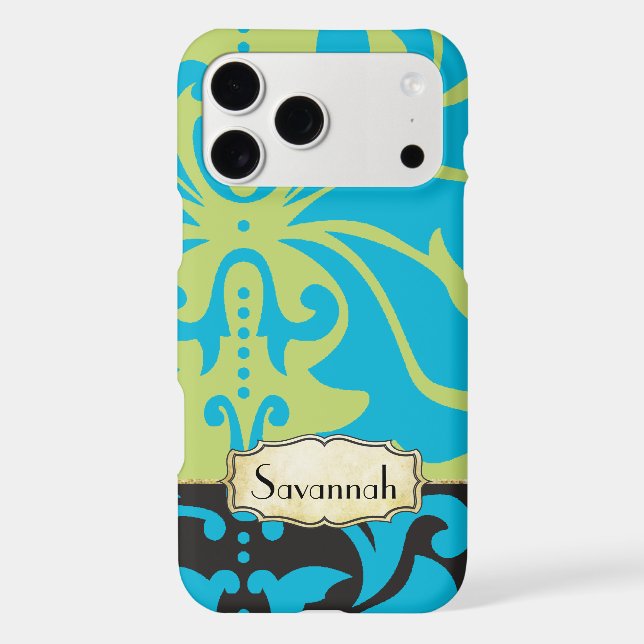 Personalised Lime Aqua Gold Damask iPhone 4 Case (Back)