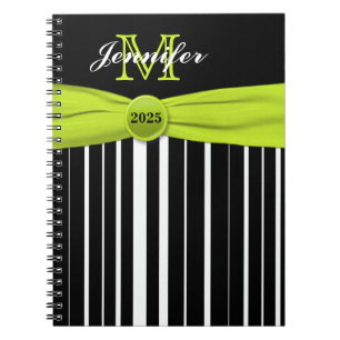 Personalised Lime Black White Striped Notebook