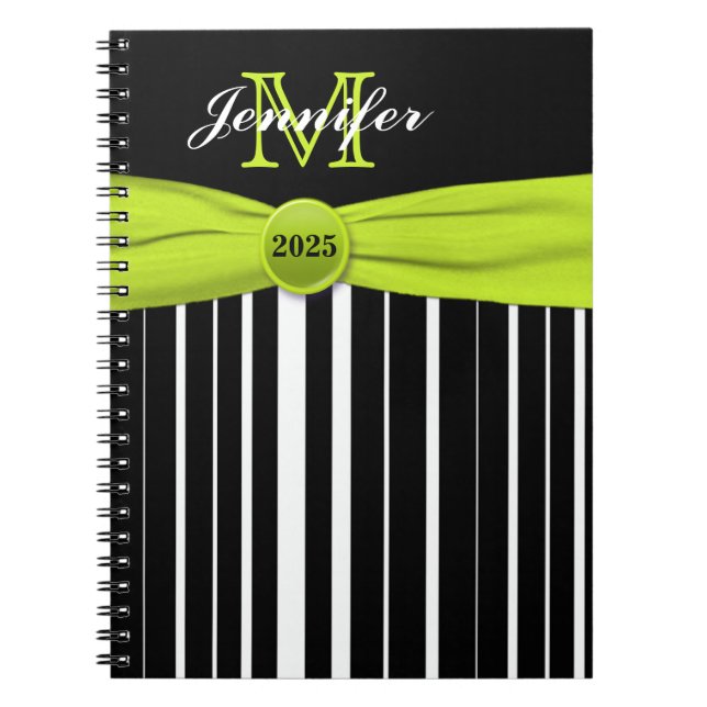 Personalised Lime Black White Striped Notebook (Front)