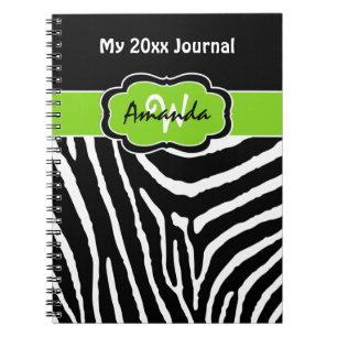 Personalised Lime Black White Zebra Stripe Journal