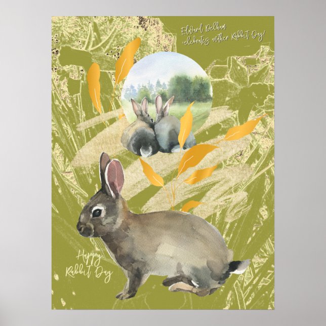  Personalised Lime Collage Watercolor Rabbit Poster (Front)