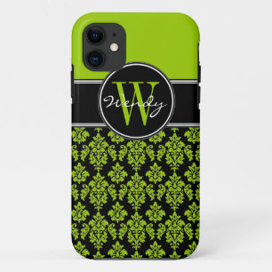 Personalised Lime Green Black Vintage Damask iPhone 11 Case