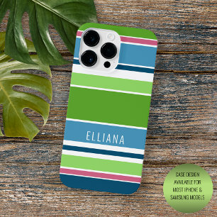 Personalised Lime Green Dark Blue Pink Stripe Art Case-Mate iPhone 14 Pro Max Case