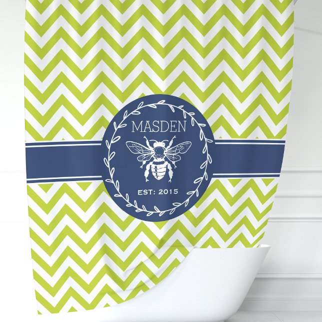 Personalised Lime Green Navy Honey Bee Chevron Shower Curtain (Creator Uploaded)