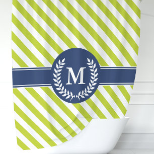Personalised Lime Green & Navy Striped Monogram Shower Curtain