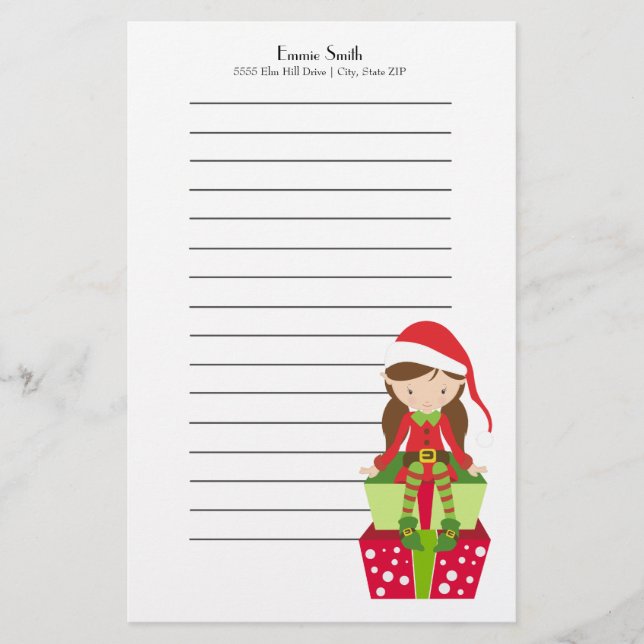 Personalised Lined Christmas Elf and Presents Stationery (Front)