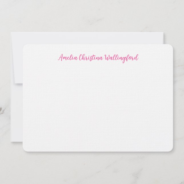 Personalised Linen Flat Note Card White and Pink (Front)