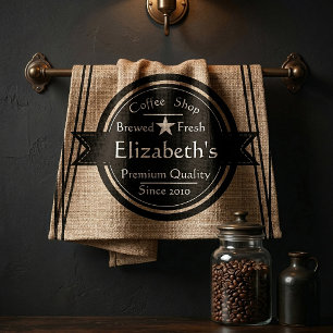 Personalised linen look coffee shop logo tea towel