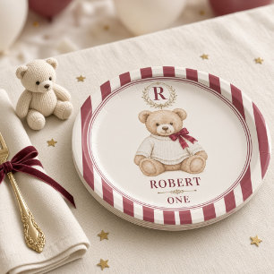 Personalised Little Bear Burgundy Bow Paper Plate