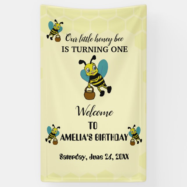 Personalised little Bee theme 1st Birthday party Banner (Vertical)