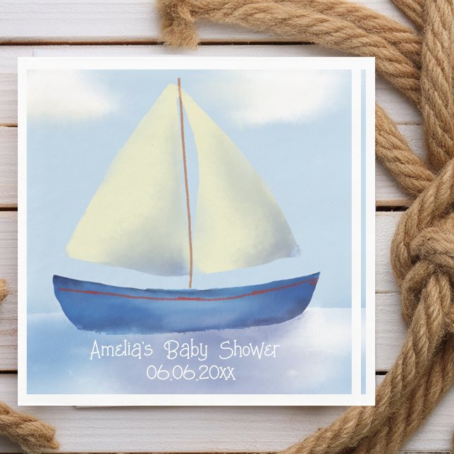 Personalised Little Blue Sailboat Baby Shower Napkin (Ship Ahoy- It's a boy! Whimsical blue sailboat baby shower paper napkins.)