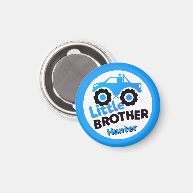 Personalised Little Brother Monster Truck Blue Magnet (Front/Back)
