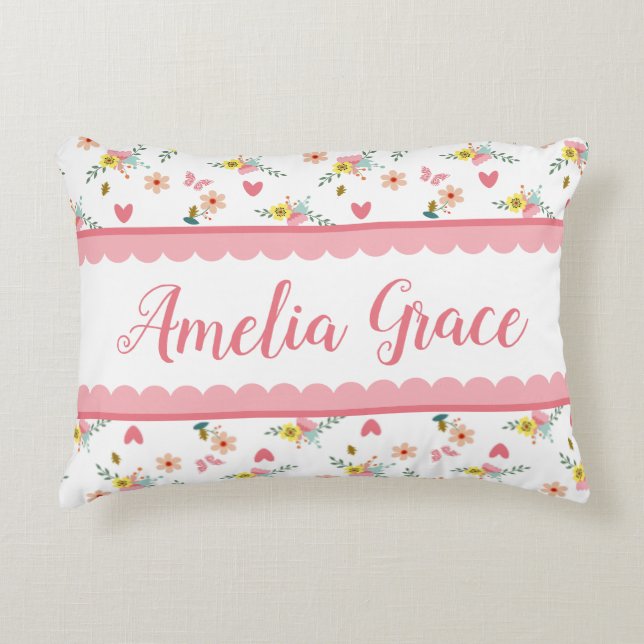 Personalised Little Girls Floral Butterfly Heart Decorative Cushion (Front)