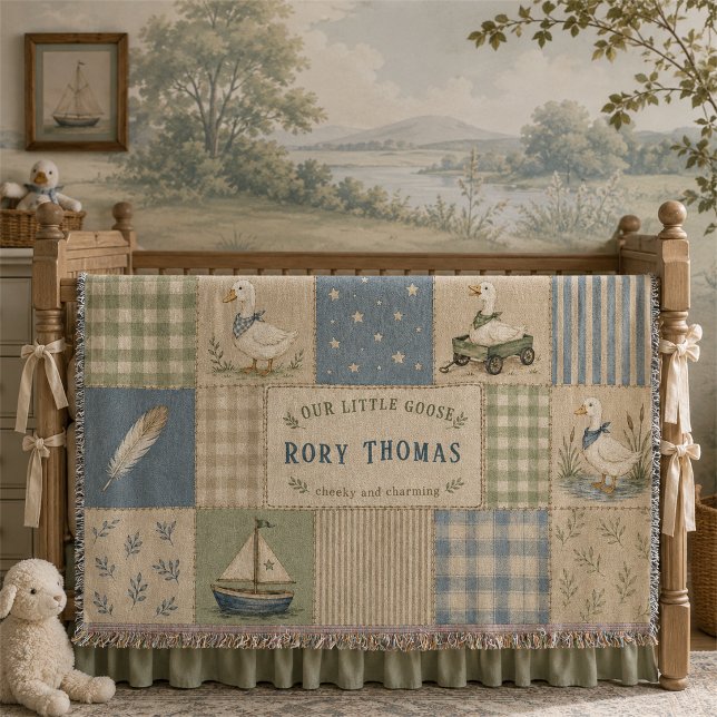 Personalised Little Goose Baby Boy Blue Gingham Throw Blanket (Creator Uploaded)